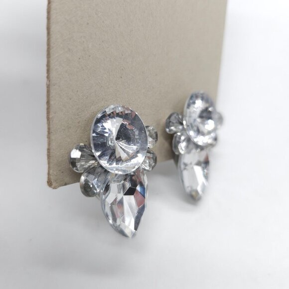 Vintage 1980s Rhinestone Acrylic Clip-On Earrings Clear Crystal Look Retro - Picture 2 of 5